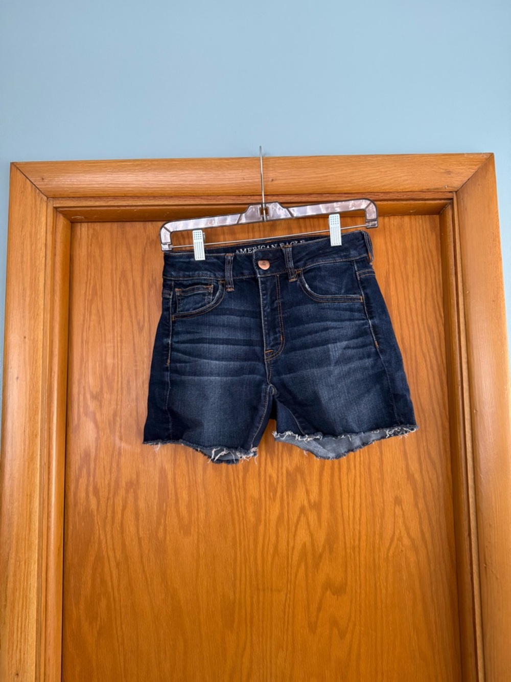 American Eagle Outfitters Dark Blue Frayed Hem Denim Shorts